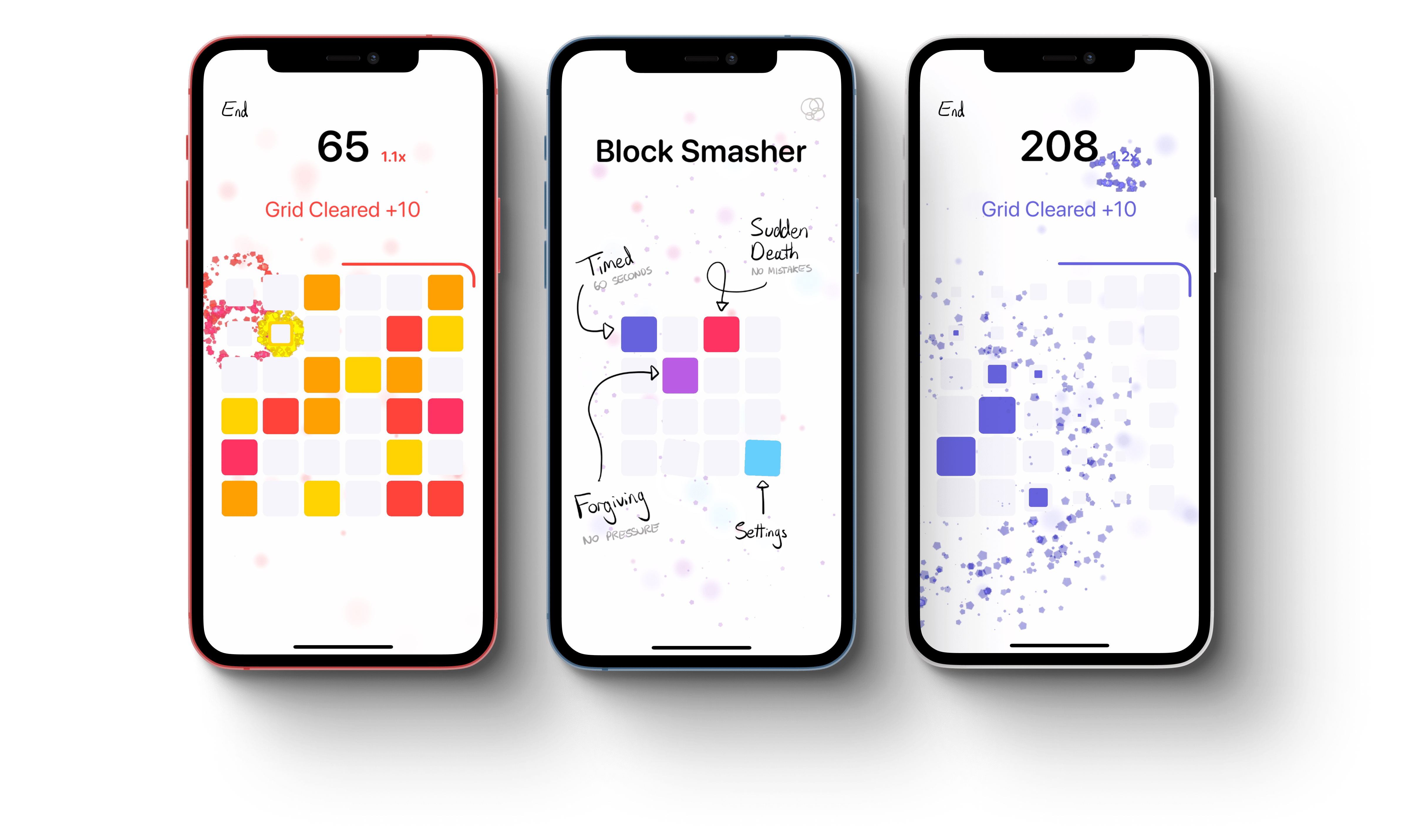 Screenshots of Block Smasher showing the main menu and some games in progress.