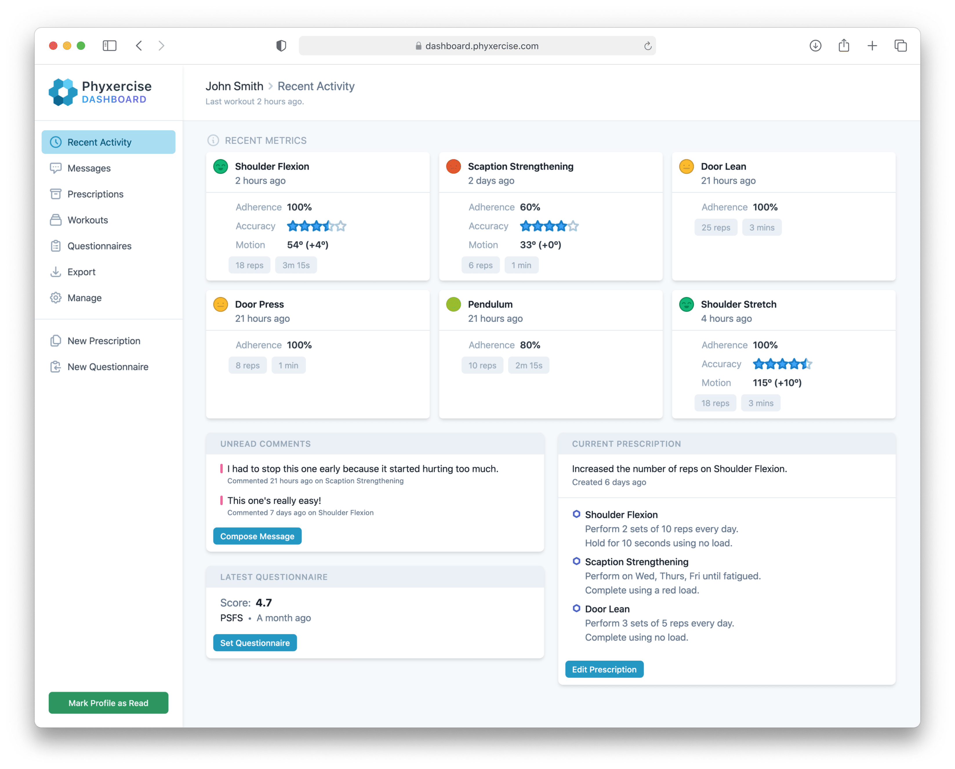 A screenshot of the Physio Dashboard showing a patient's recent activity and their comments on recent exercises.