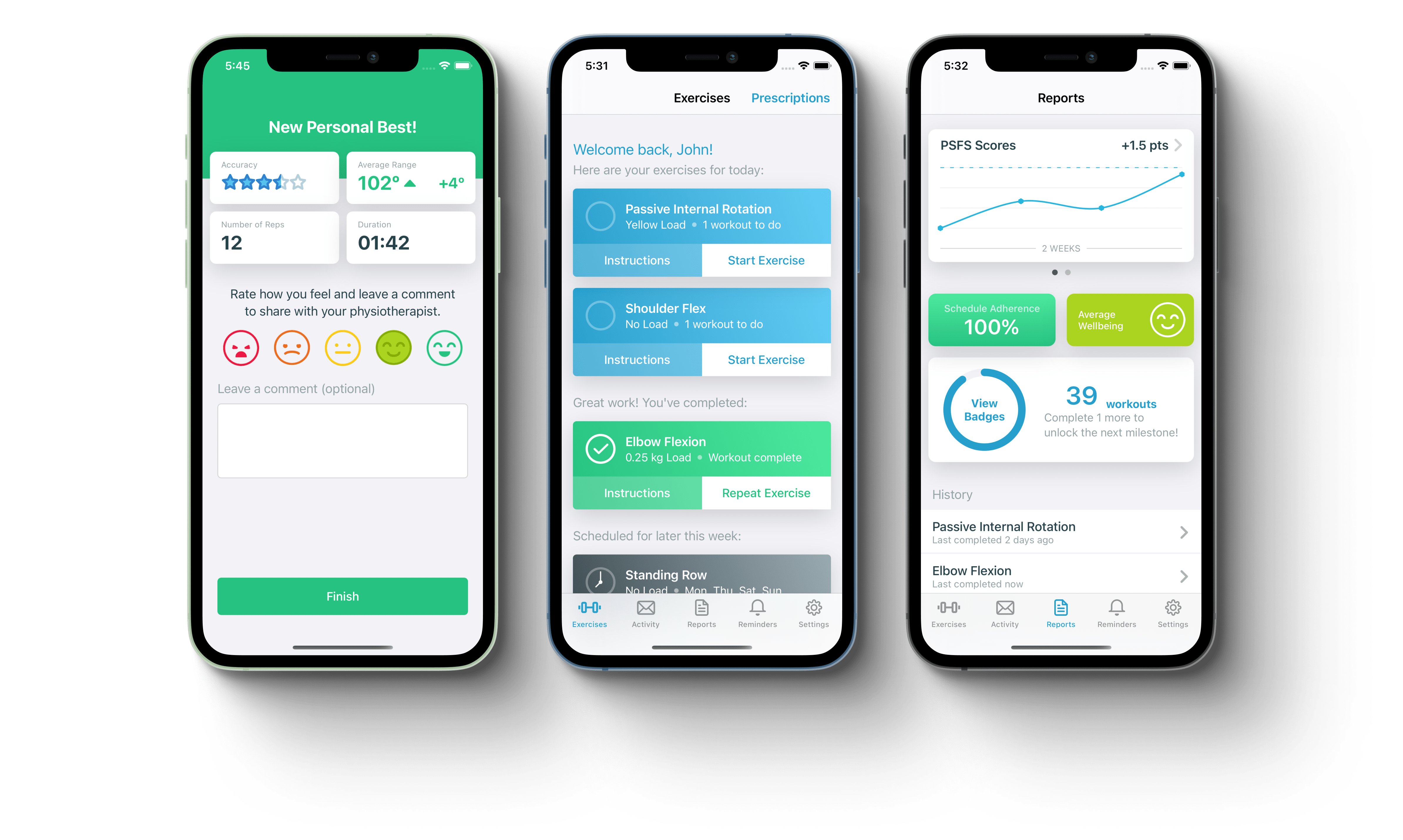 Screenshots of Physio Exerciser showing some statistics gathered after a workout, a patient's exercise schedule, and some recent improvement trends.